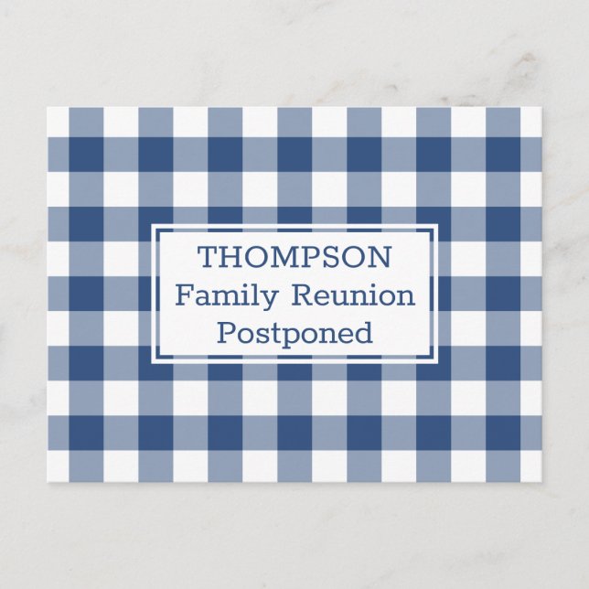 Blue White Buffalo Check Postponed Family Reunion Announcement Postcard (Front)