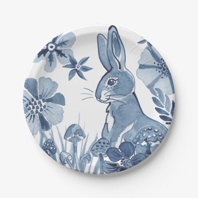 Blue & White Bunny Flowers Mushrooms Easter Rabbit Paper Plate (Front)
