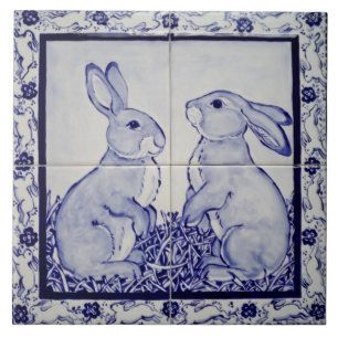 Blue & White Bunny Rabbit Dedham Delft Whimsical Ceramic Tile