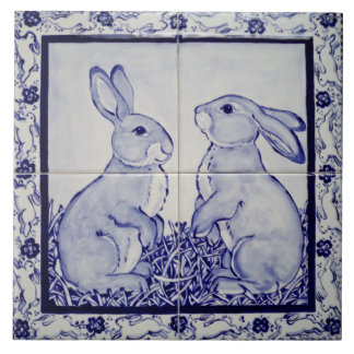 Blue & White Bunny Rabbit Dedham Delft Whimsical Ceramic Tile