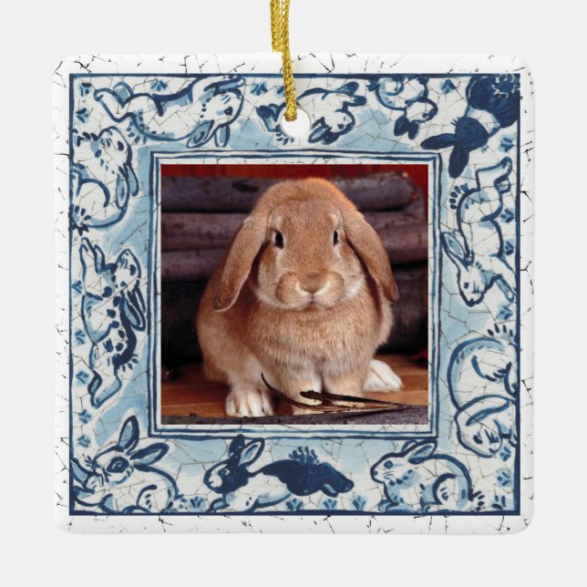 Blue  & White Bunny Rabbit Delft Dedham Pet Photo Ceramic Ornament (Front)
