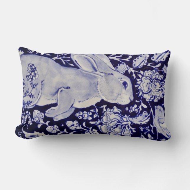 Blue & White Bunny Rabbit Floral Easter Bird Lumbar Cushion (Front)