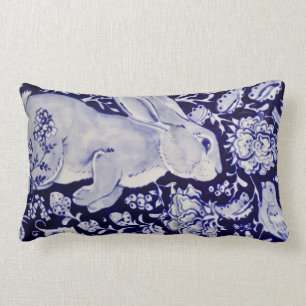 Blue & White Bunny Rabbit Floral Easter Bird Lumbar Cushion