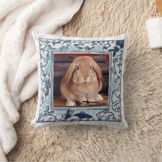 Blue & White Bunny Rabbit Pet Photo Dedham Delft Cushion