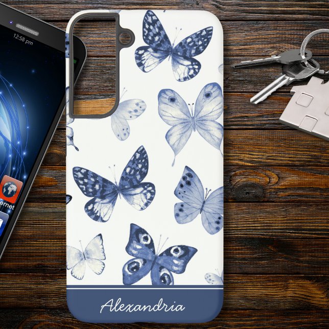 Blue & White Butterfly Monogram Samsung Galaxy S22+ Case (Creator Uploaded)