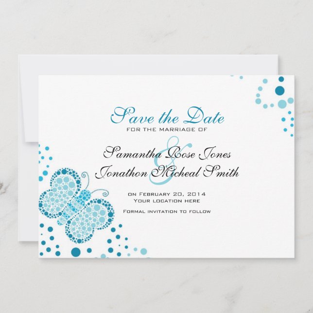 Blue & White Butterfly Pointillism Save the Date (Front)