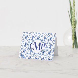 Blue White Butterfly Rose Classic Monogram Note Holiday Card