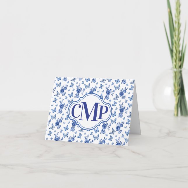 Blue White Butterfly Rose Classic Monogram Note  Holiday Card (Front)