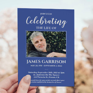 Blue White Celebration of Life Photo Memorial Invitation