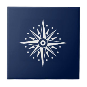 Blue & White Ceramic Tile, Nautical Star, Compass Tile