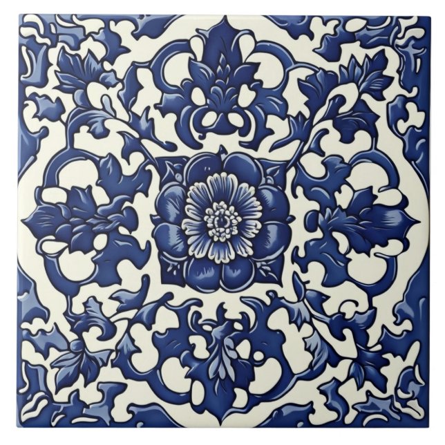 Blue & White Ceramic Tile, Rose, Chinese Style Ceramic Tile (Front)