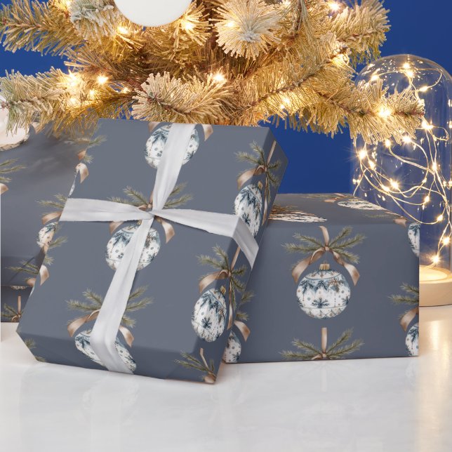Blue White Champagne Gold Ornaments Christmas Wrapping Paper (Holidays)