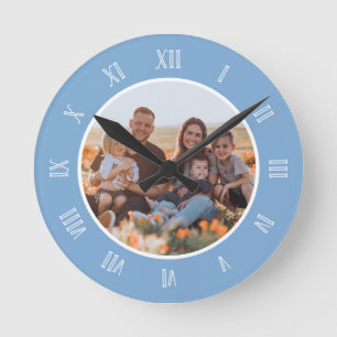 Blue White Charming Roman Numbers Custom Photo Round Clock