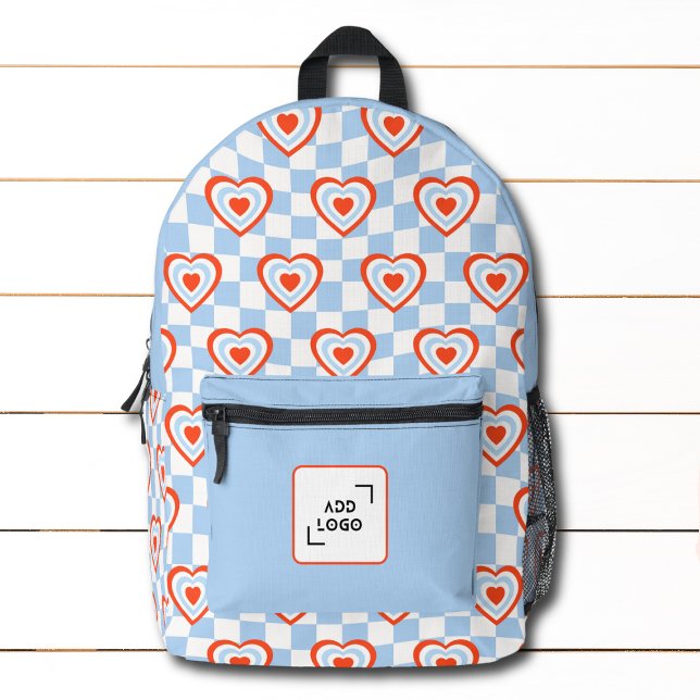 Blue White Check Red Heart Pattern Logo Corporate Printed Backpack (Creator Uploaded)