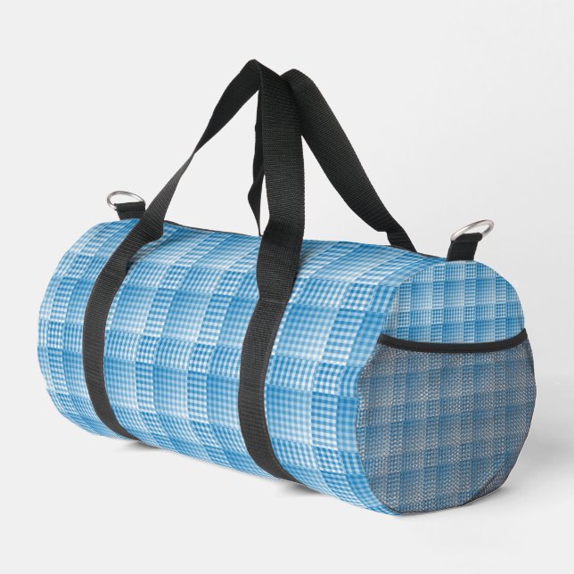 Blue White Checker Abstract Pattern Small Duffle Bag (Right Corner)