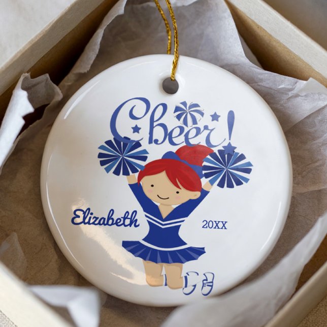 Blue & White Cheer Red Hair Cheerleader Ornament (Creator Uploaded)