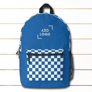Blue White Chequerboard Check Pattern Logo Printed Backpack