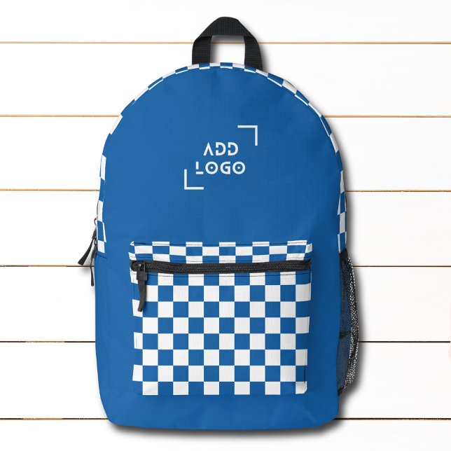 Blue White Chequerboard Check Pattern Logo Printed Backpack (Creator Uploaded)