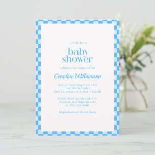 Blue White Chequerboard Retro Boy Baby Shower Invitation