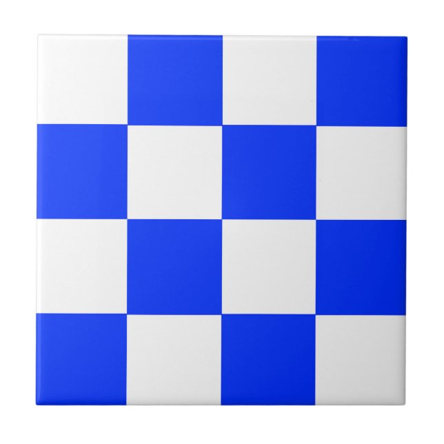 Blue White Chequered Check Pattern Ceramic Tile (Front)