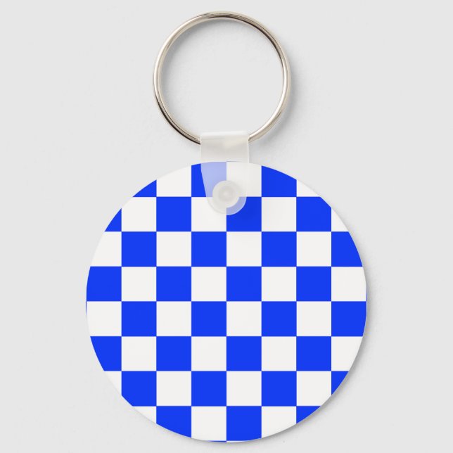 Blue White Chequered Check Pattern Key Ring (Front)