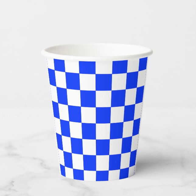 Blue White Chequered Check Pattern Paper Cups (Front)