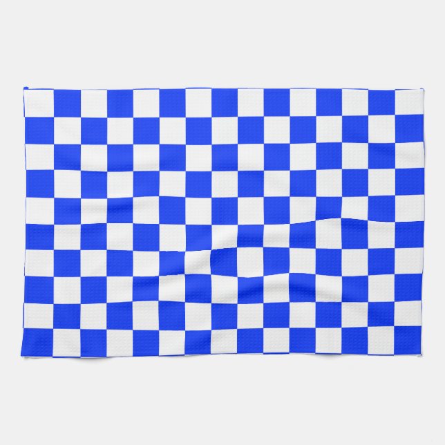 Blue White Chequered Check Pattern Tea Towel (Horizontal)