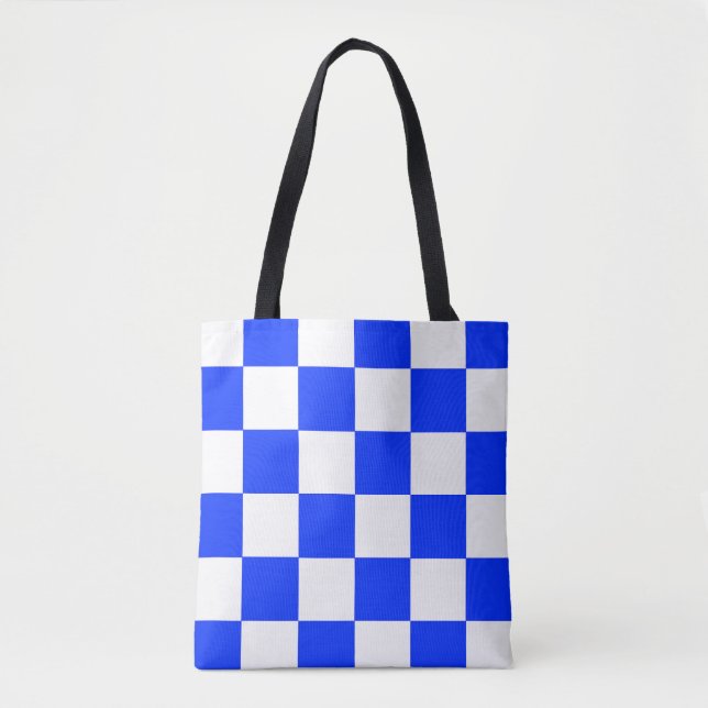 Blue White Chequered Check Pattern Tote Bag (Front)
