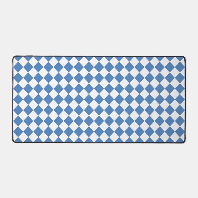 Blue White Chequered Diamond Pattern Desk Mat (Front)