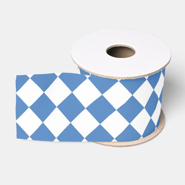 Blue White Chequered Diamond Pattern Grosgrain Ribbon (Spool)