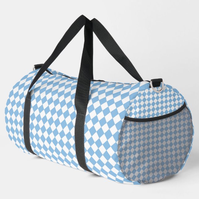 Blue White Chequered Diamond Pattern Large Duffle Bag (Right Corner)