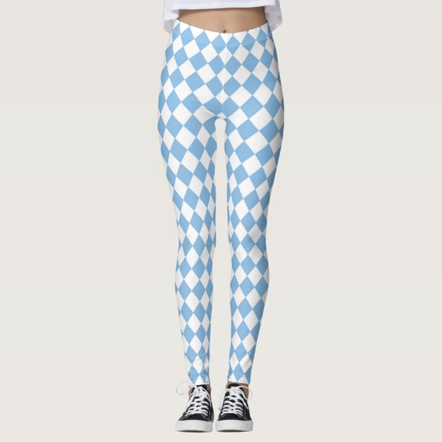 Blue White Chequered Diamond Pattern Leggings (Front)