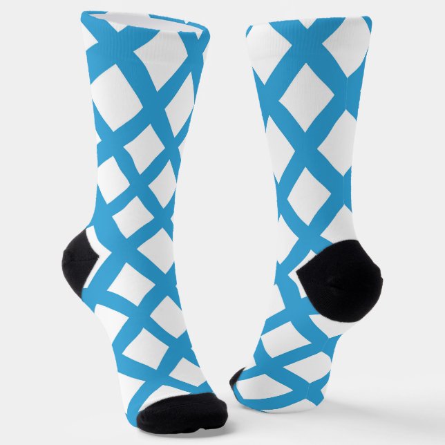 Blue White Chequered Diamond Pattern Socks (Angled)