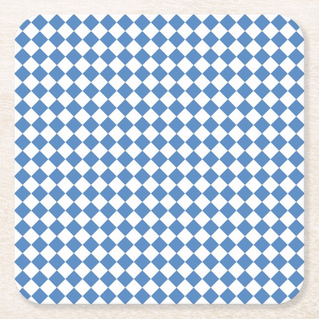 Blue White Chequered Diamond Pattern Square Paper Coaster (Front)