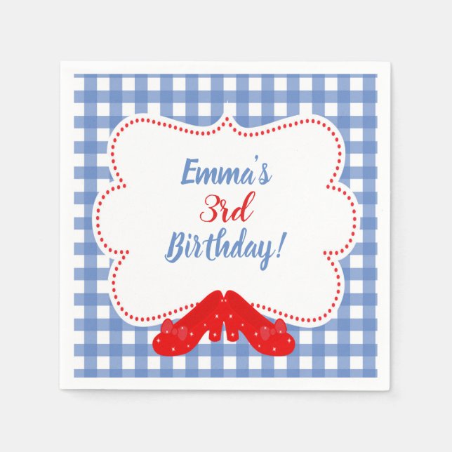 Blue & White Chequered Gingham Red Shoes OZ Party Napkin (Front)