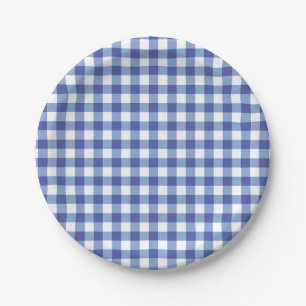 Blue & White Chequered Gingham Squares OZ Party Paper Plate