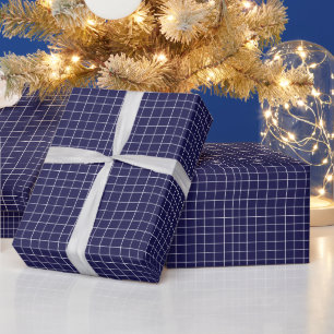 Blue White Chequered Grid Pattern Wrapping Paper