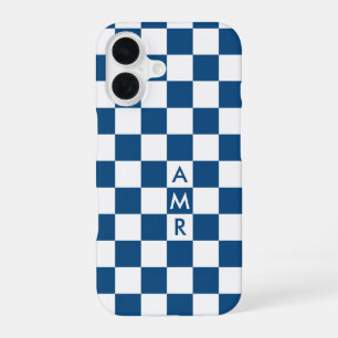 Blue White Chequered Pattern with Monogram iPhone 16 Case