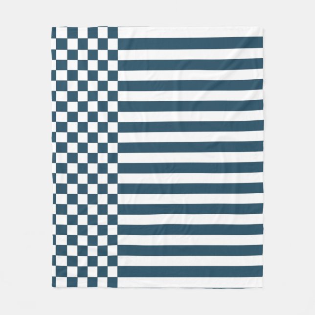 Blue & White Chequered & Stripes Repeat Pattern Fleece Blanket (Front)