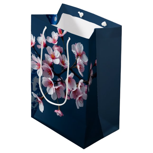 Blue White Cherry Blossom  Jar Timeless Luxury Medium Gift Bag (Front Angled)
