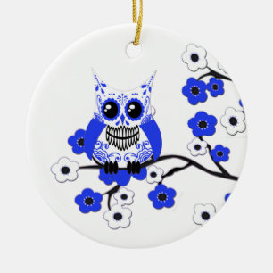 Blue White Cherry Blosssoms Owl Ornament