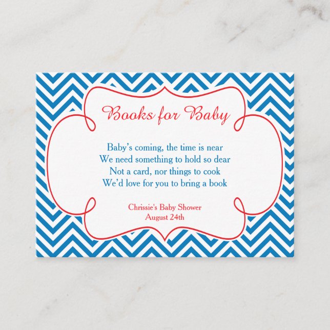 Blue & White Chevron Baseball Baby Book Request Enclosure Card (Front)