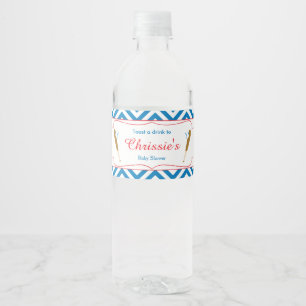 Blue & White Chevron Baseball Baby Water Bottle Label