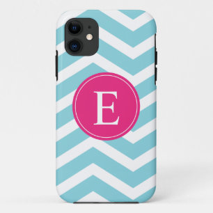 Blue White Chevron Bright Pink Monogram iPhone 11 Case