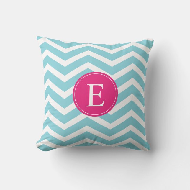 Blue White Chevron Bright Pink Monogram Cushion (Front)