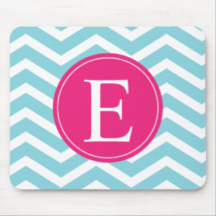 Blue White Chevron Bright Pink Monogram Mouse Pad