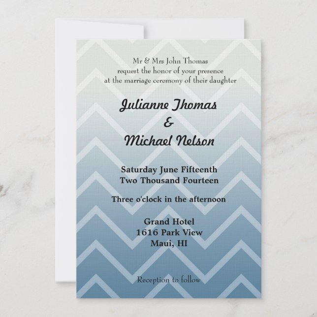 Blue White Chevron Zigzag Stripes Wedding Invitation (Front)