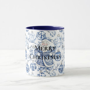 Blue White Chic Christmas Santa & Ornaments Mug