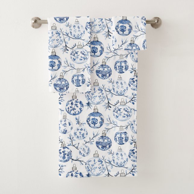 Blue White Chic Floral Christmas Ornaments   Bath Towel Set (Insitu)