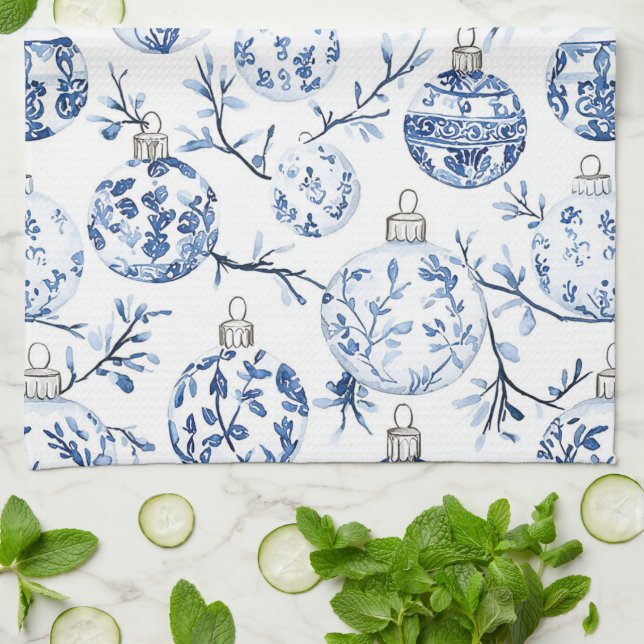 Blue White Chic Floral Christmas Ornaments   Tea Towel (Folded)